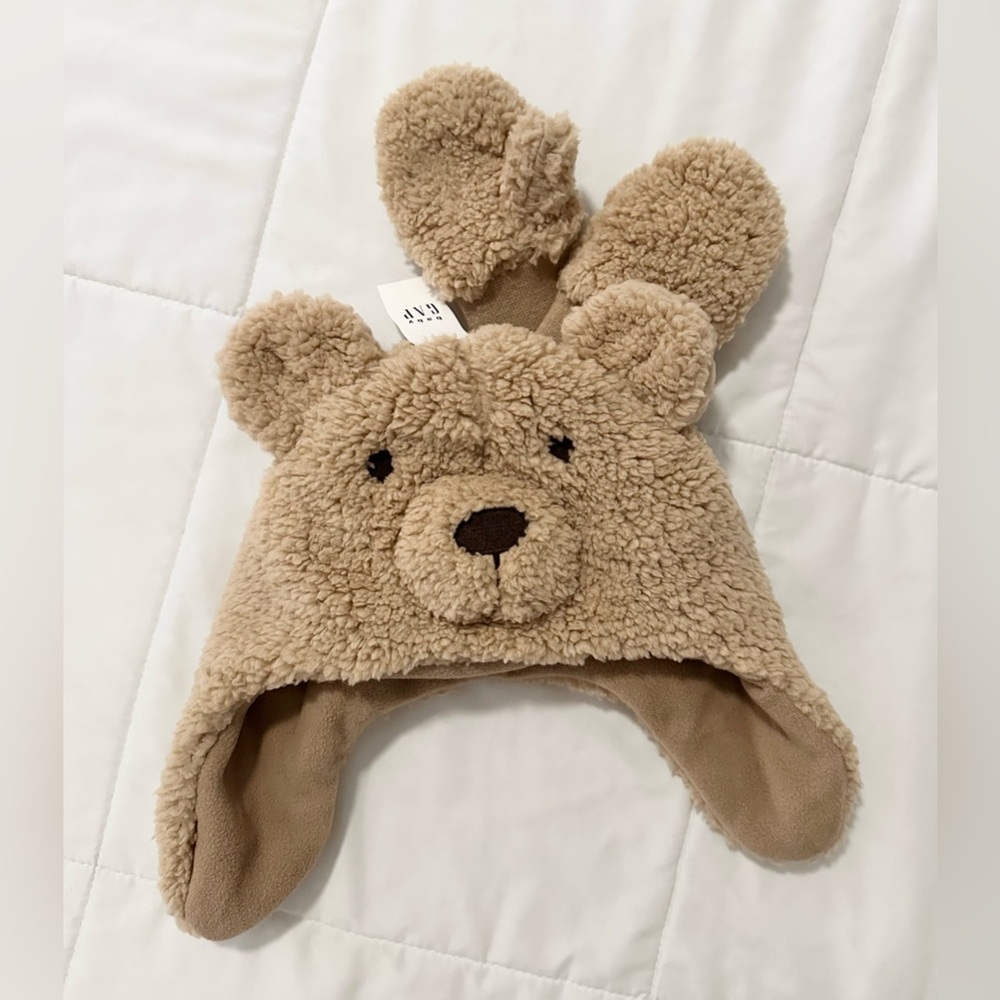 GAP Plush Teddy Bear Ear Hat & Mittens - Beige